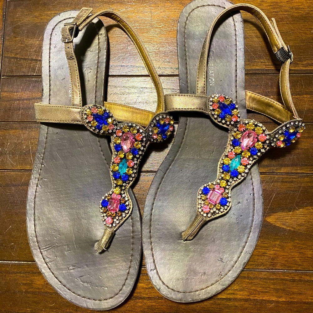 💎👑Pre-Loved Gorgeous BCBGENERATION Gold & Stones Strappy Sandals SZ 9B/39💎👑